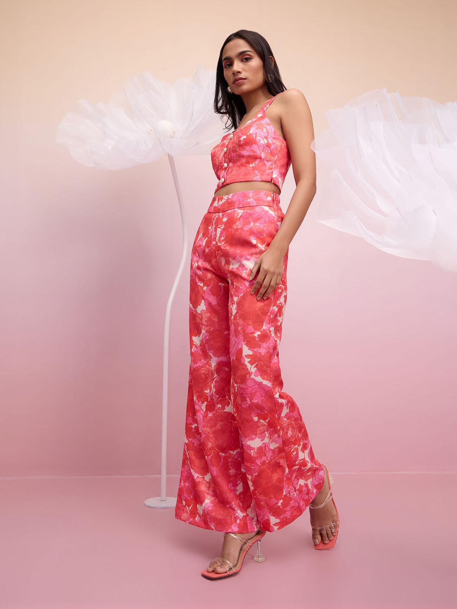 pink printed fit and flare high waist pant