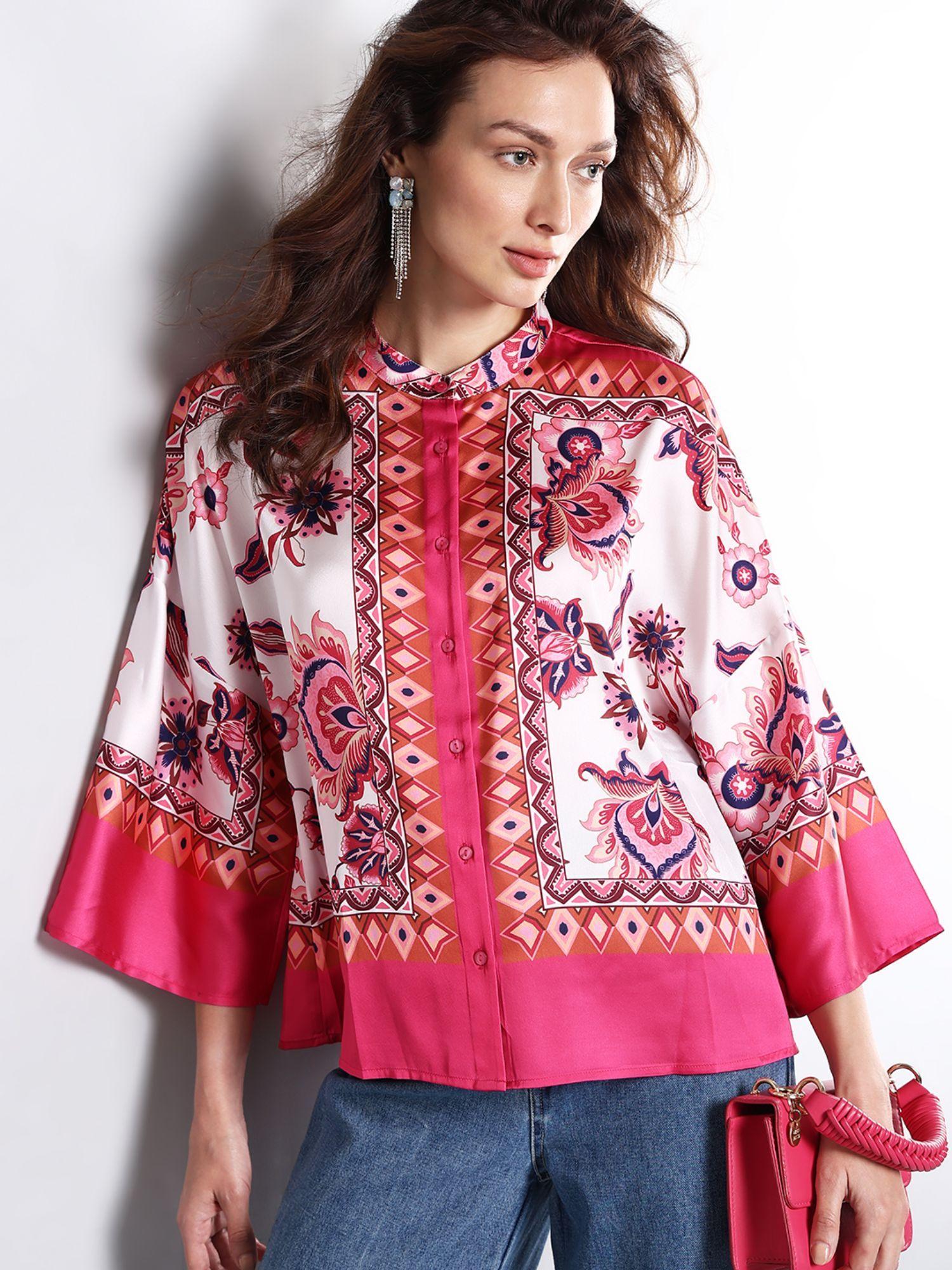 pink printed flapink sleeves shirt