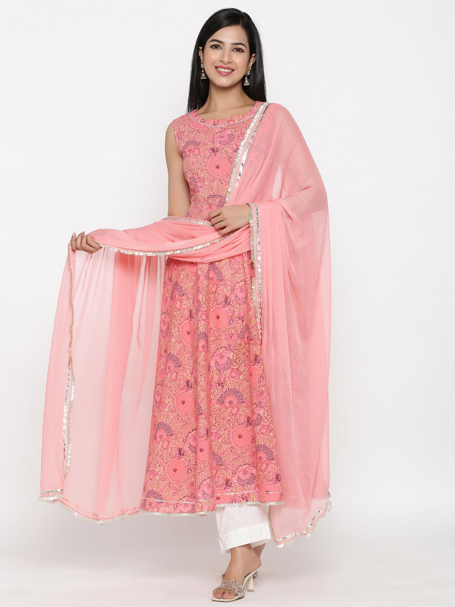 pink printed flared kurta-pants-dupatta (set of 3)