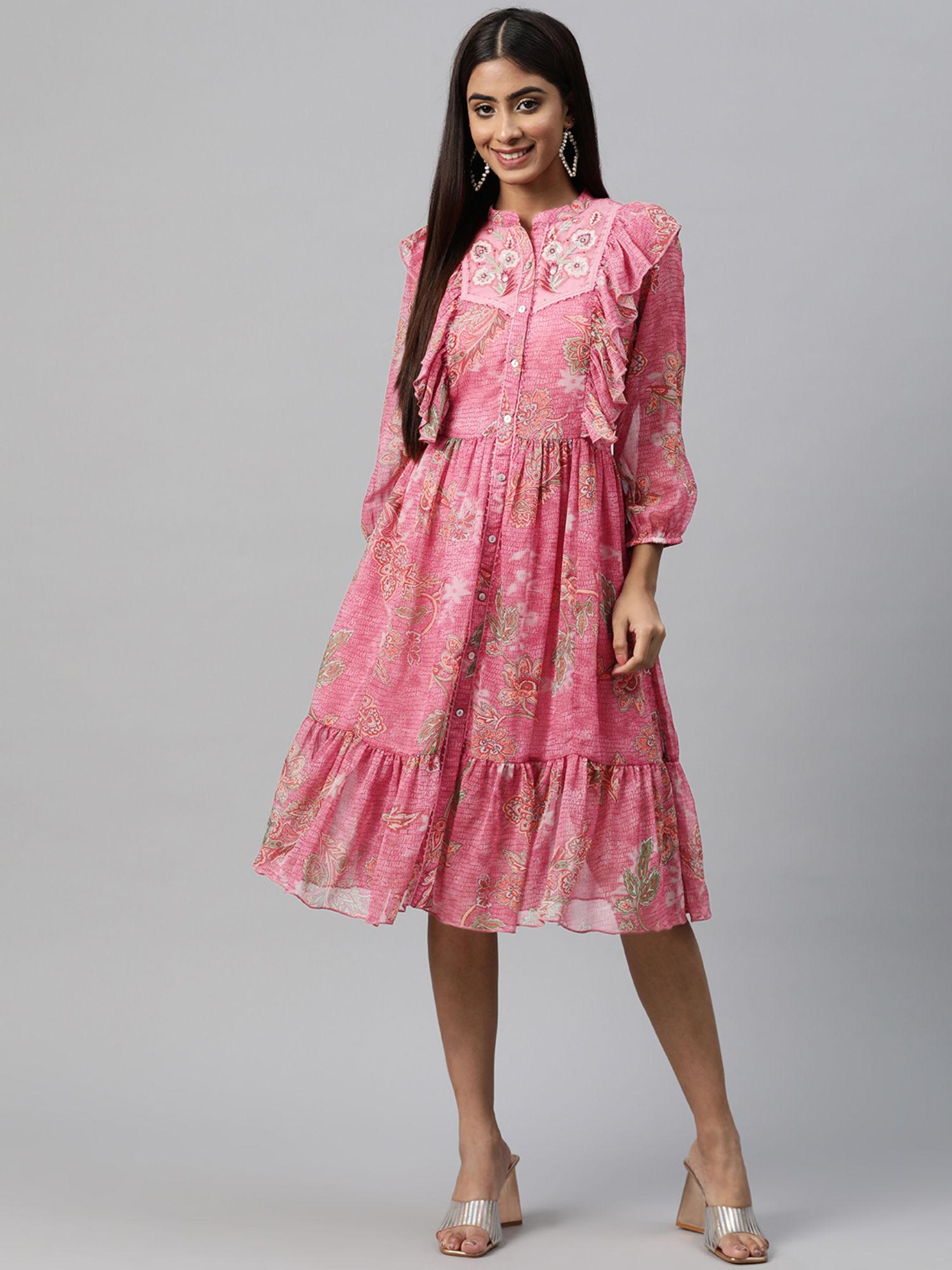 pink printed gathered dress