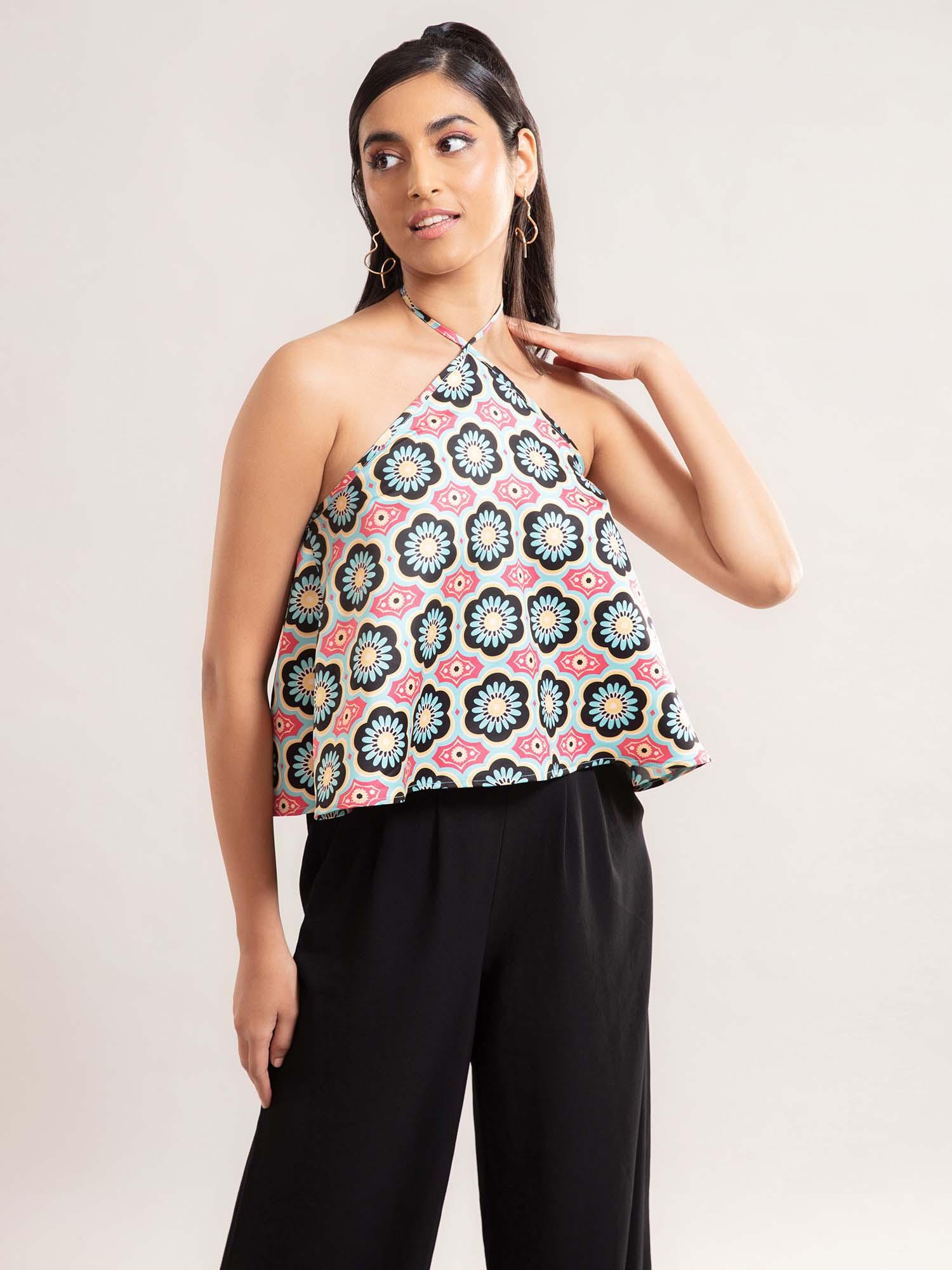 pink printed halter neck crop top