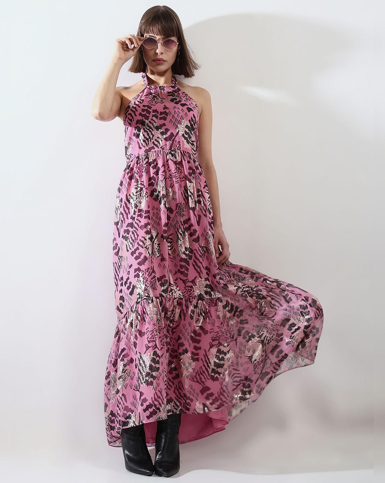 pink printed halter neck maxi dress