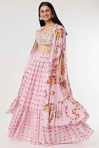 pink printed jacket lehenga set