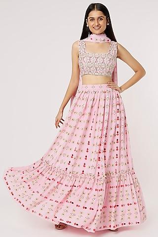 pink printed jacket lehenga