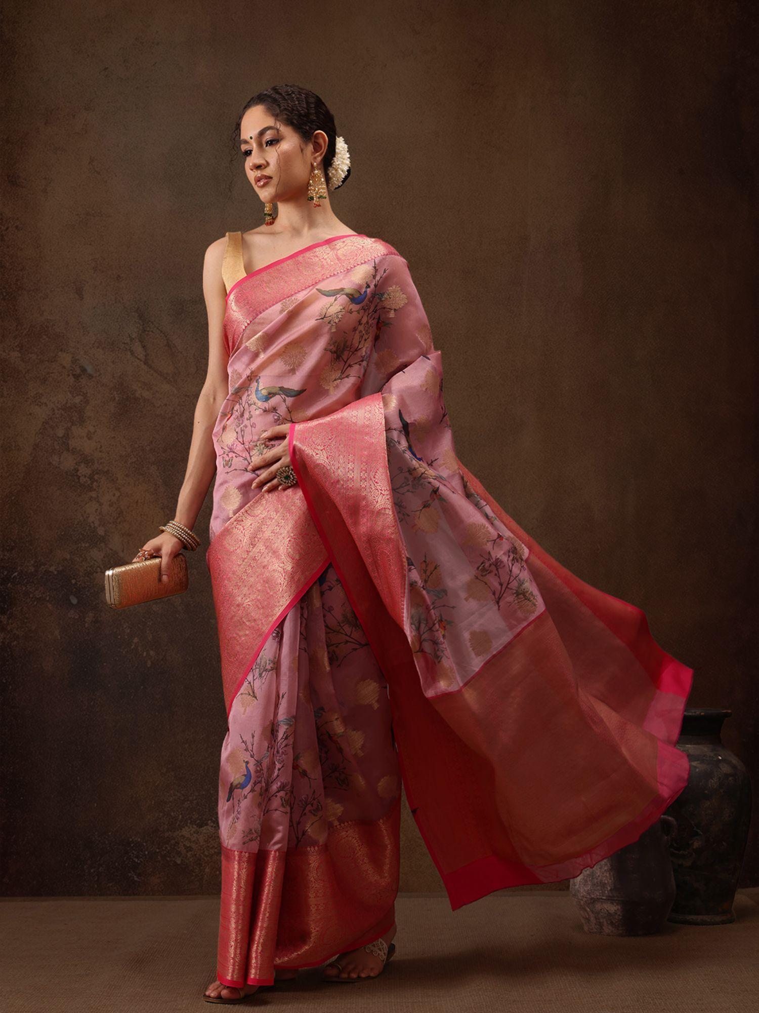 pink printed kalamkari art silk saree with unstitched blouse