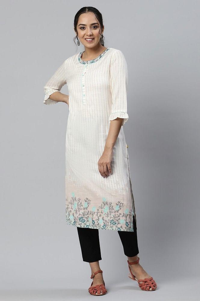 pink printed kurta with embroidered collar