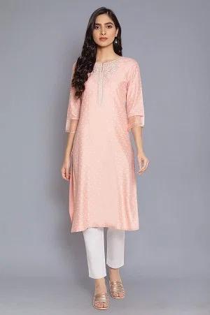 pink printed kurta with embroidery