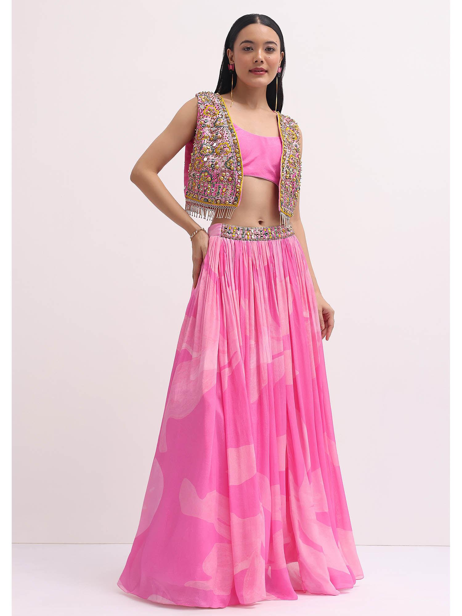 pink printed lehenga and choli with embroidered jacket (set of 3)