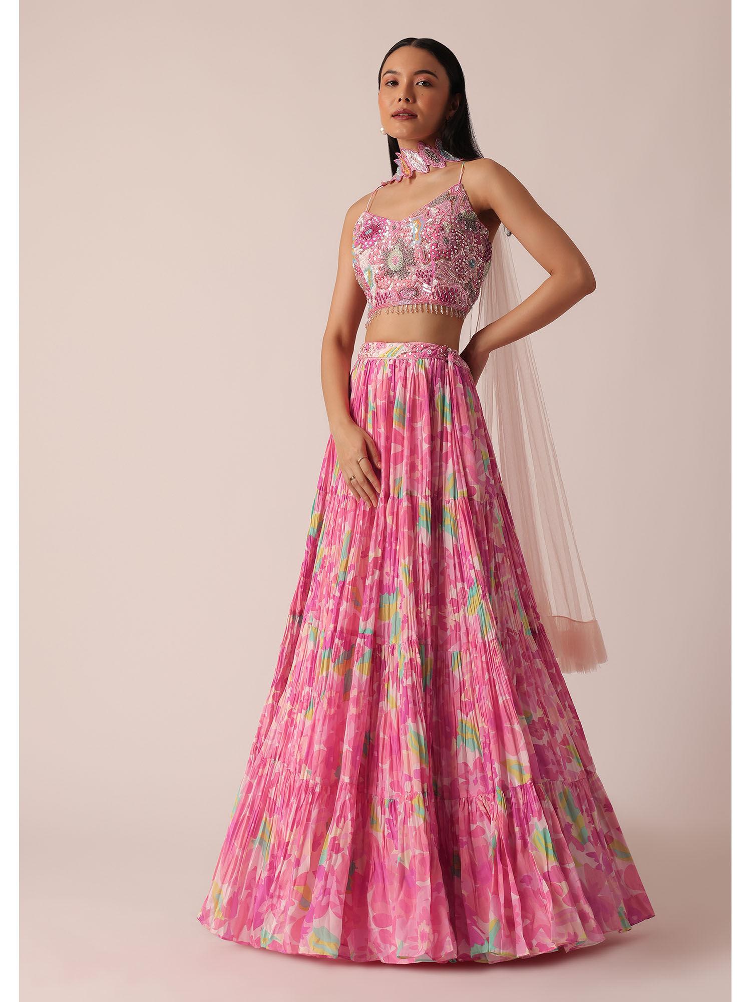 pink printed lehenga and choli with ruffle dupatta (set of 3)