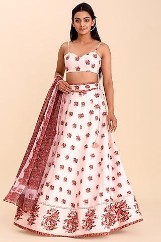 pink printed lehenga set with lace panels