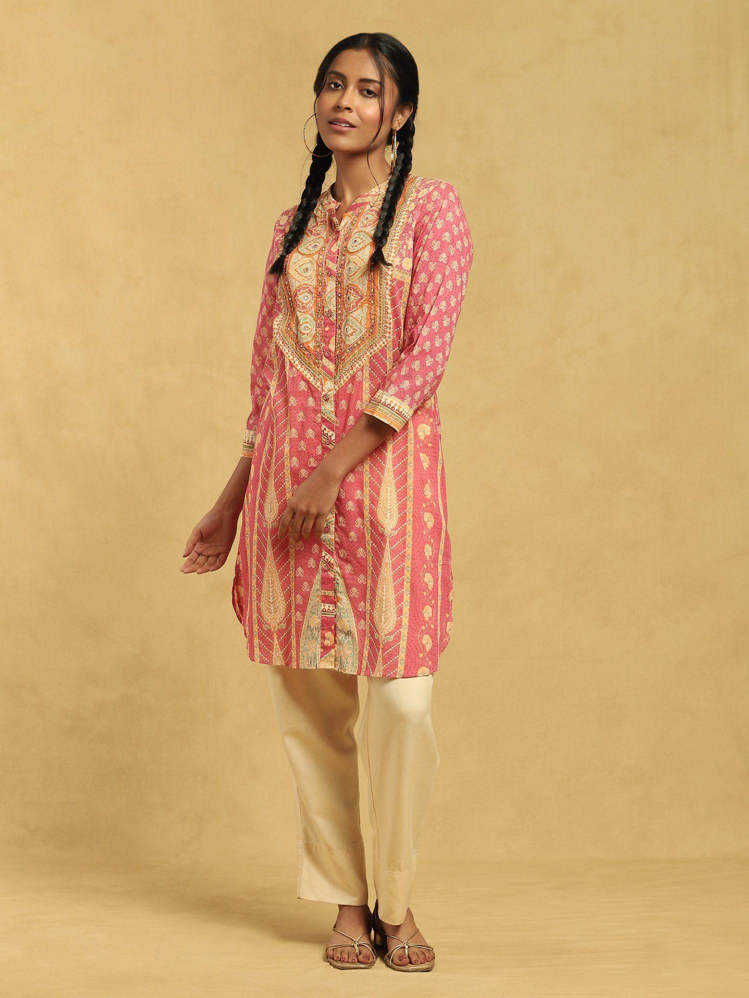 pink printed long straight shirt