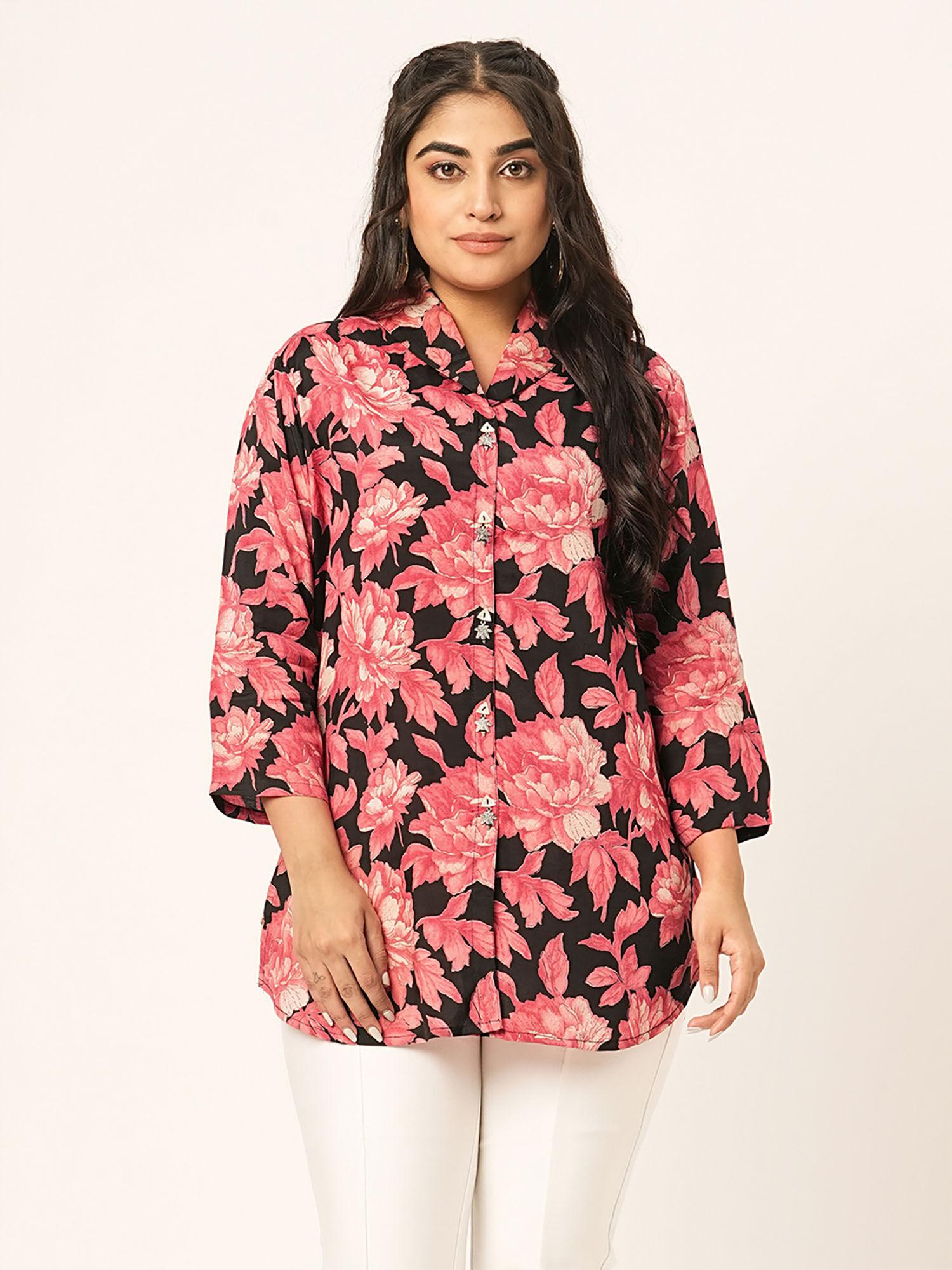 pink printed muslin stitched shirt kurti for women
