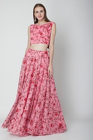 pink printed organza crop top with skirt