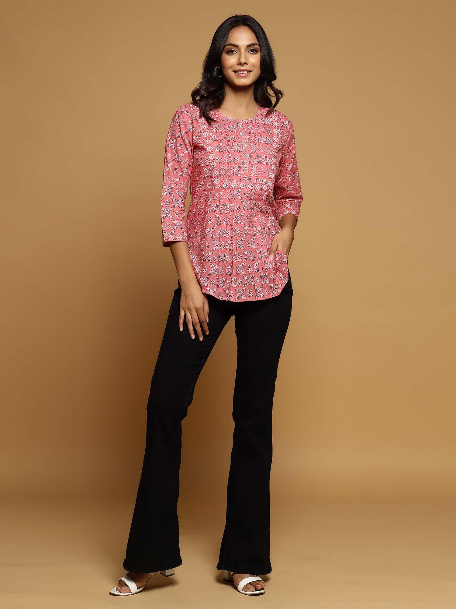 pink printed pintucks detail kurti