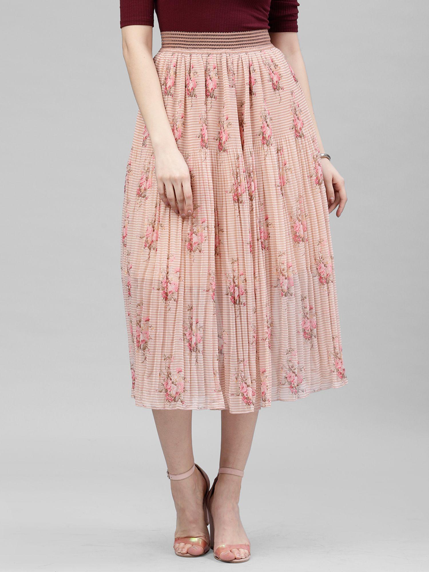 pink printed pleated a-line midi skirt