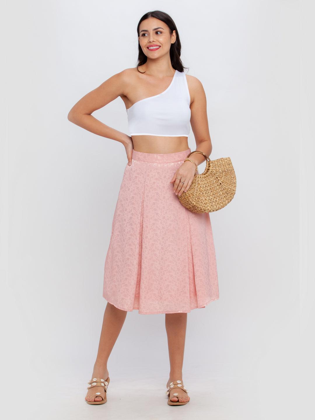 pink printed pleated skirt for women