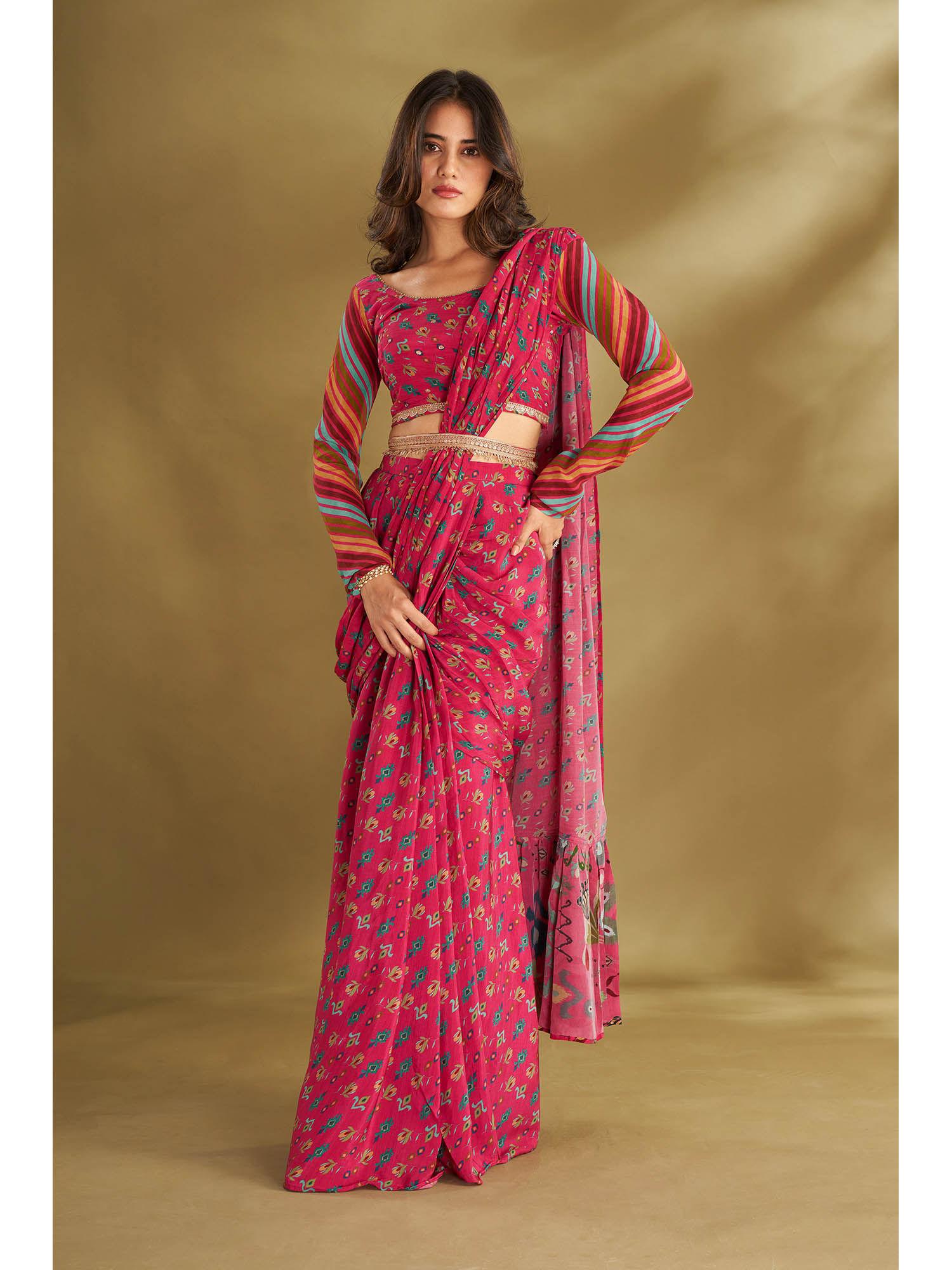 pink printed pre-drape saree with stitched blouse and belt with stitched