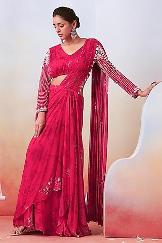 pink printed pre-stitched saree set