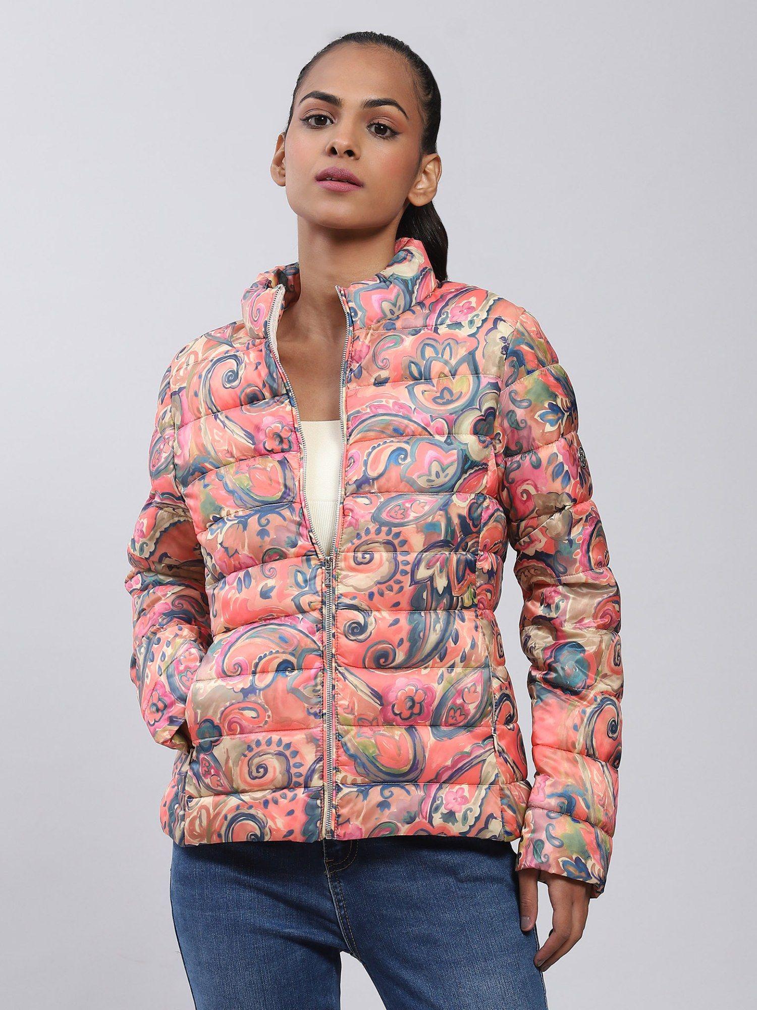 pink printed puffer jacket