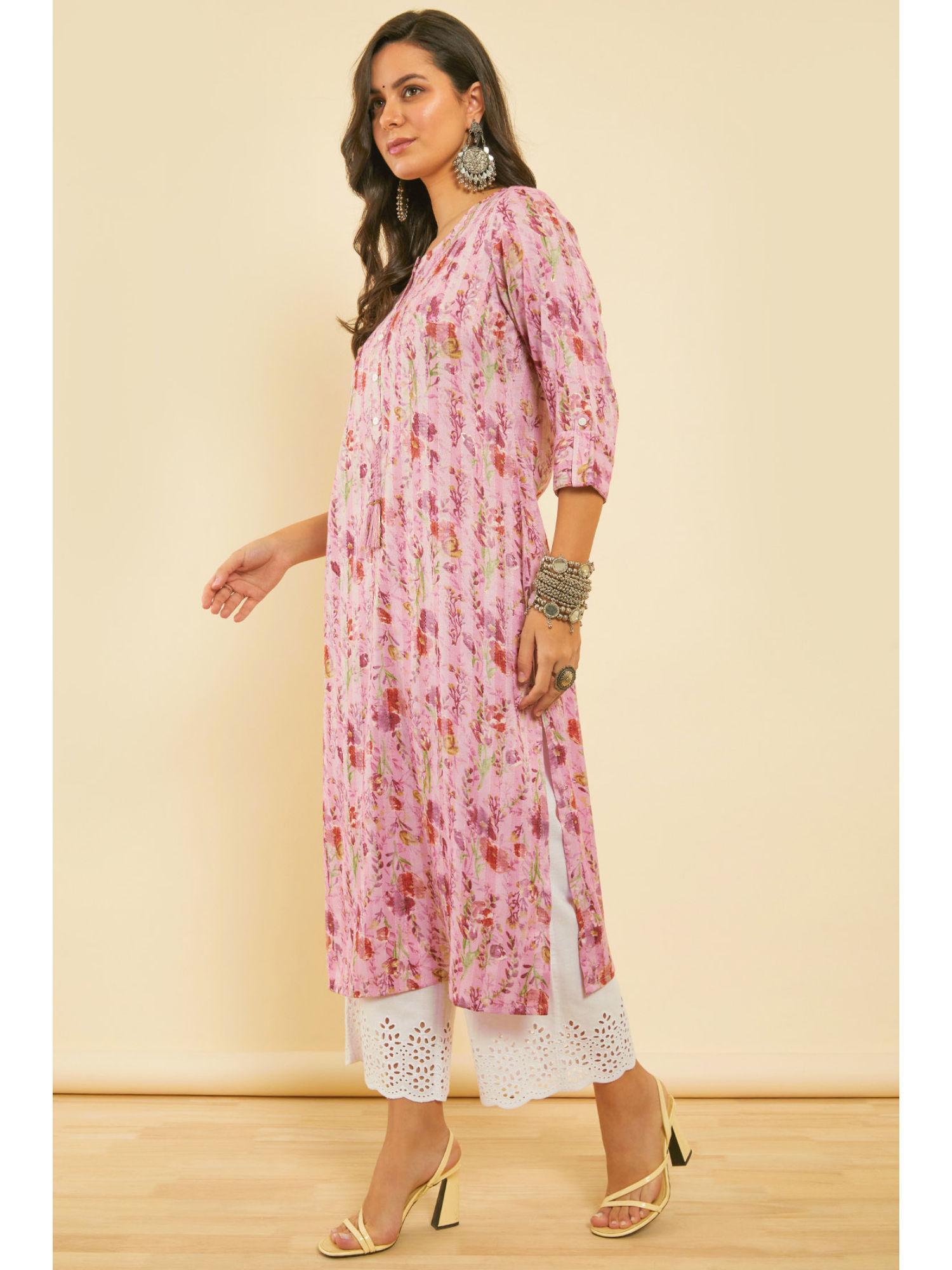 pink printed rayon kantha weave floral printed kurta