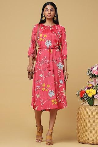 pink printed round neck casual calf-length 3/4th sleeves women comfort fit dress