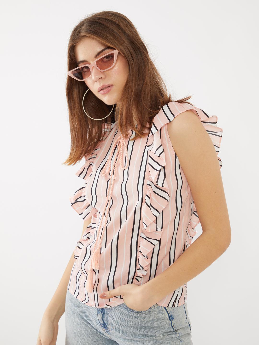 pink printed ruffled top for women