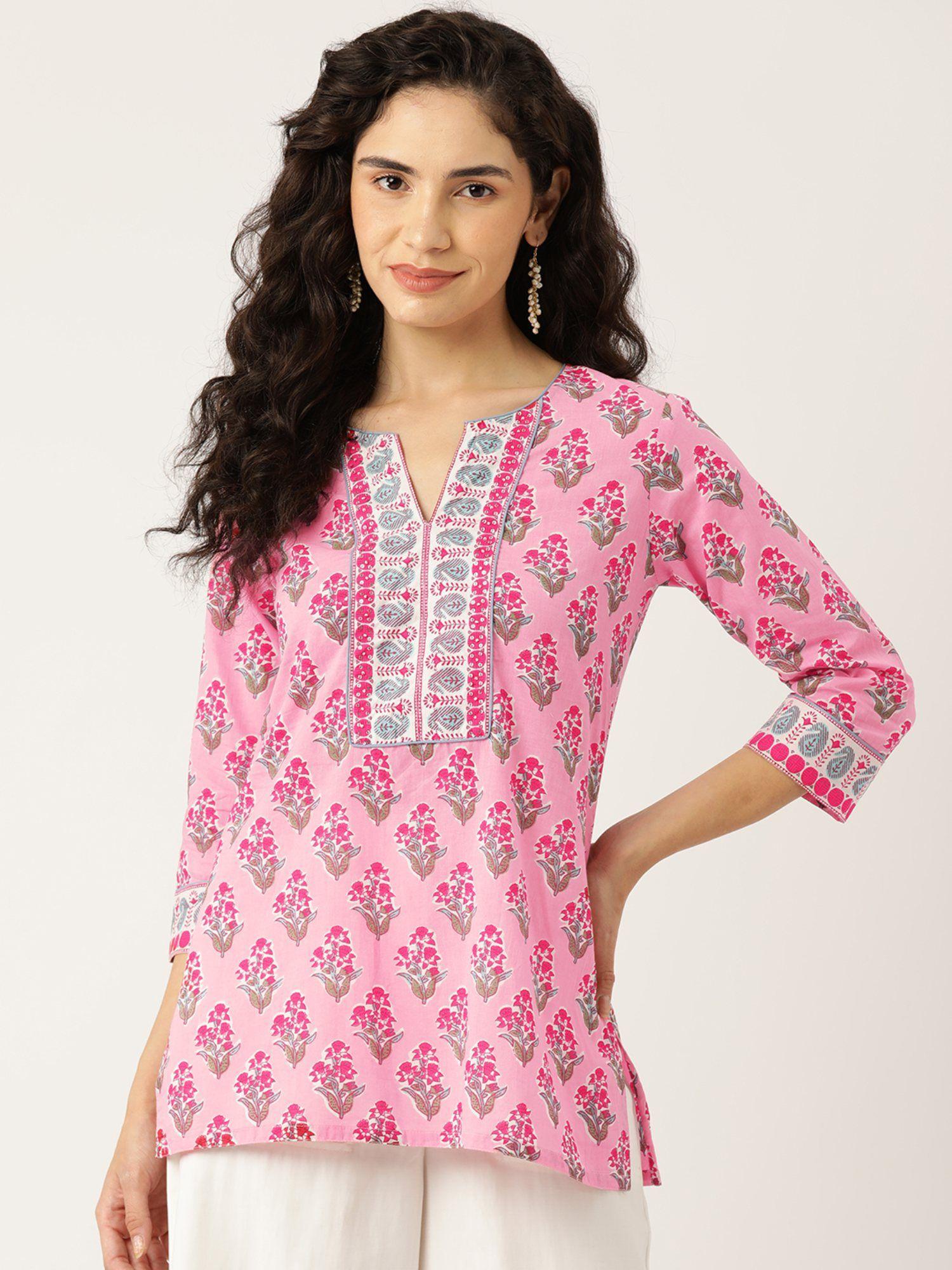 pink printed sequinned pure cotton kurti