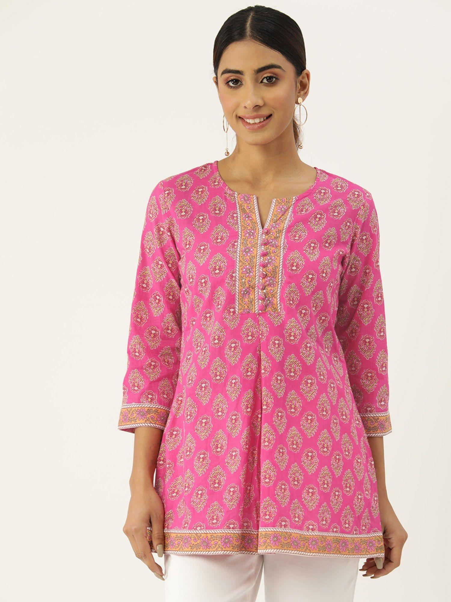 pink printed sequinned pure cotton kurti