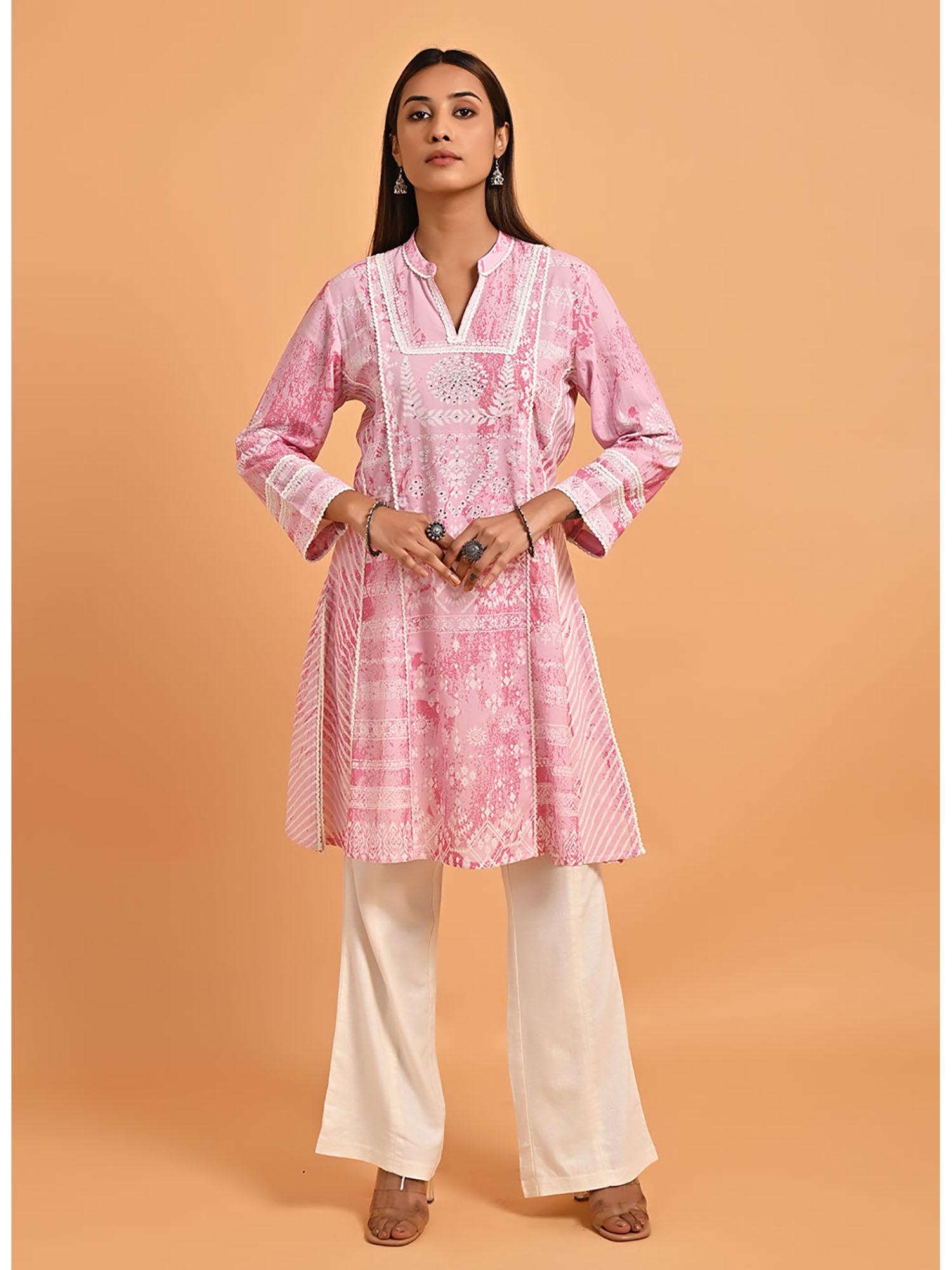 pink printed short kurti for women with lace detailing