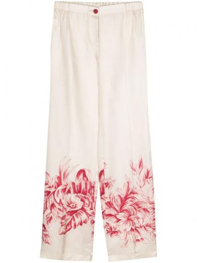 pink printed silk trousers