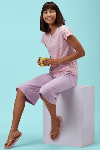 pink printed sleepwear half sleeves round neck women comfort fit top