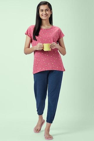 pink printed sleepwear half sleeves round neck women comfort fit top