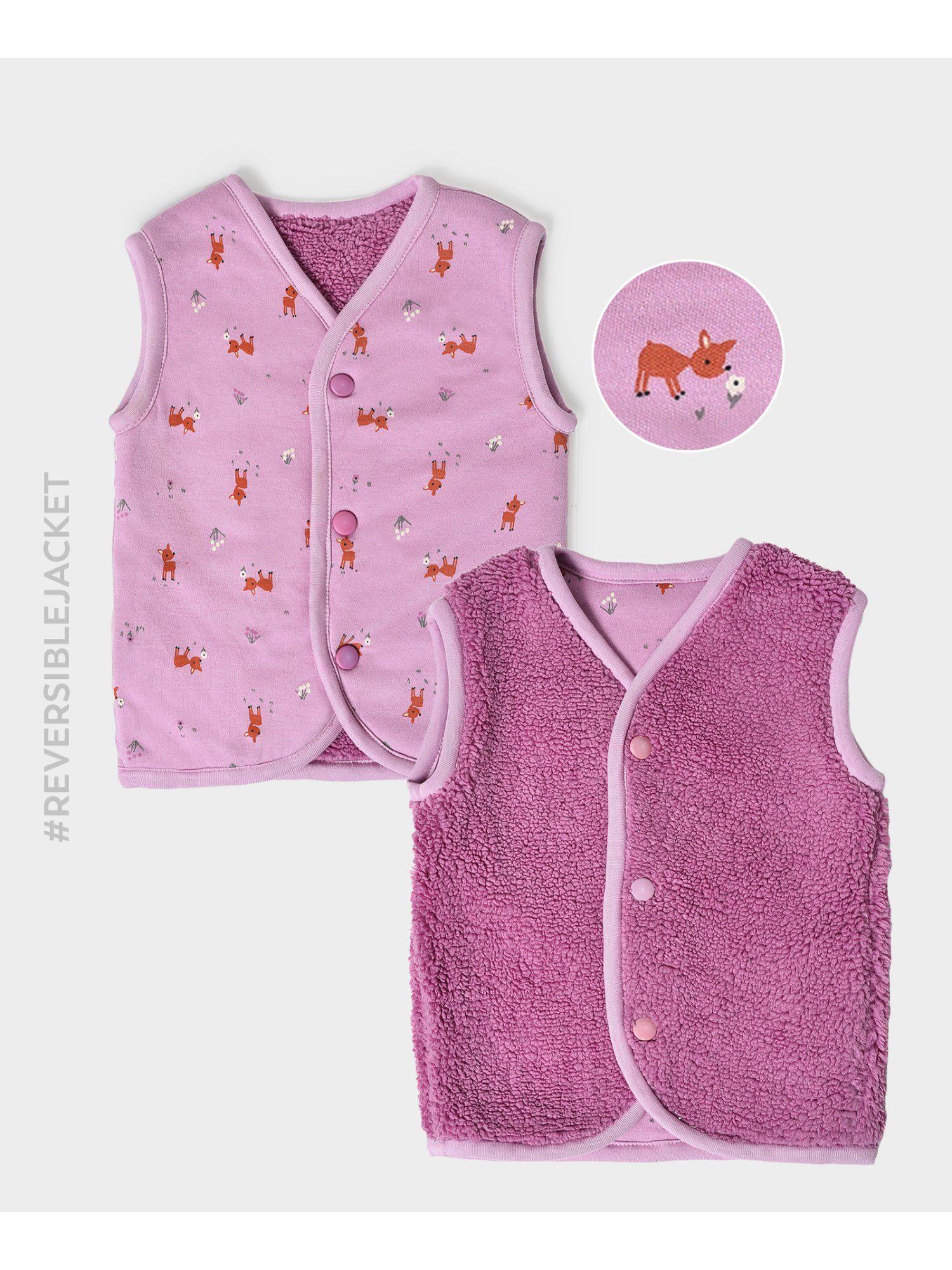 pink printed sleeveless reversible jacket for girls