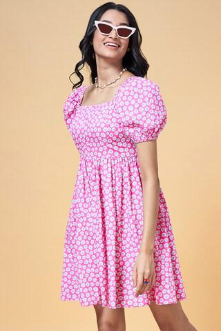 pink printed square neck casual above knee length short sleeves women flared fit dress