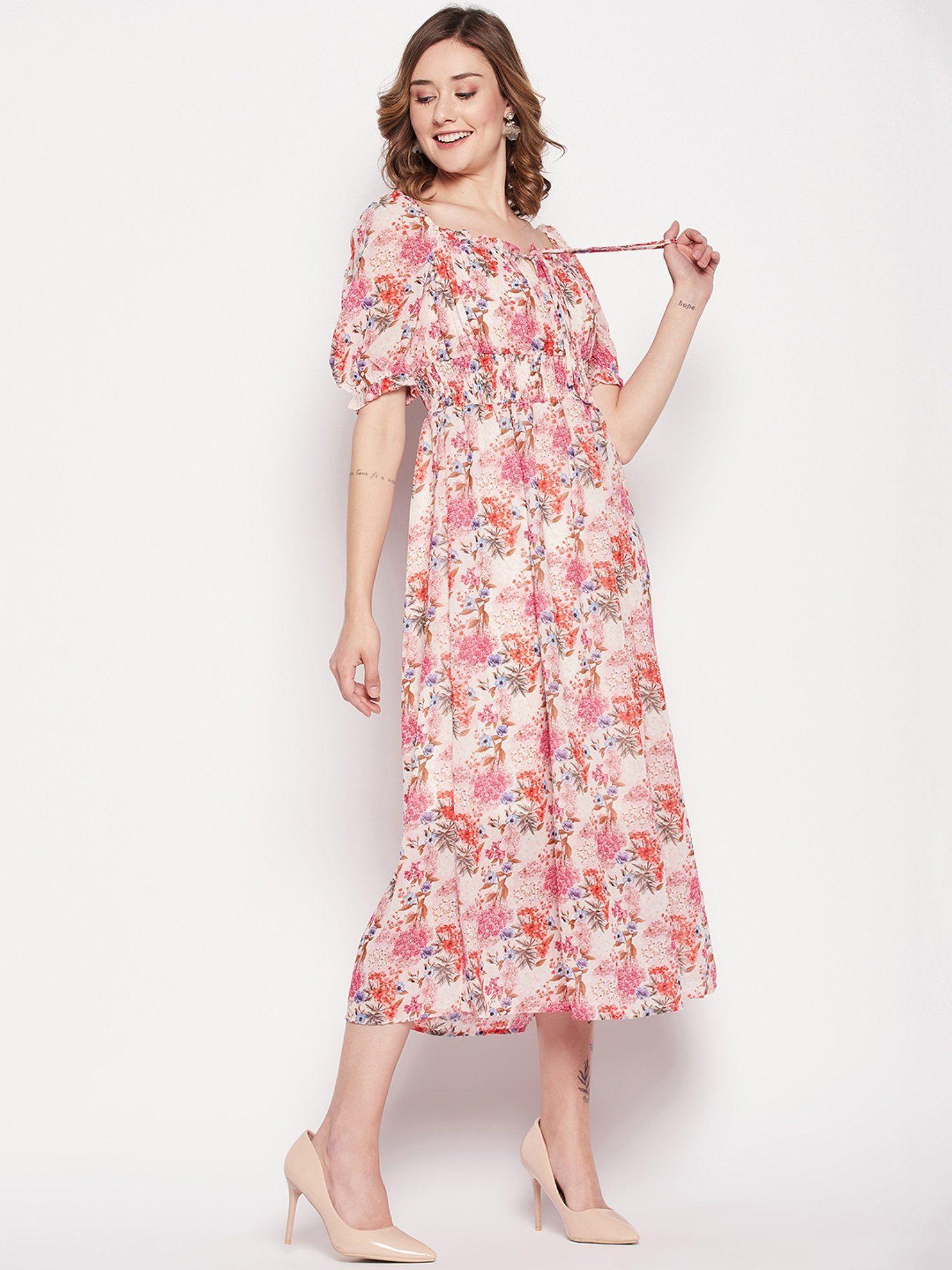 pink printed square neck midi dress