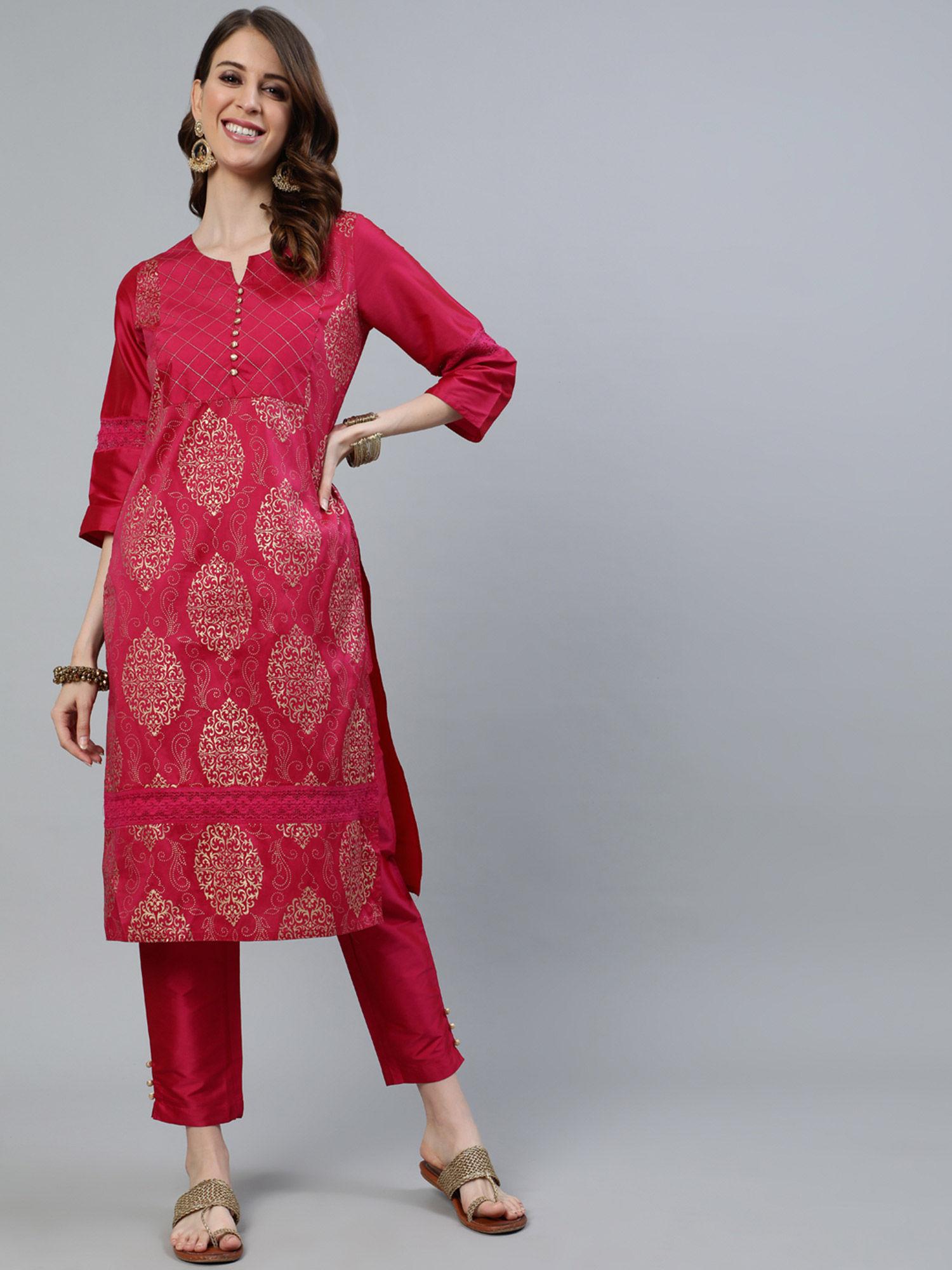 pink printed straight thread and lace work kurta with pant (set of 2)