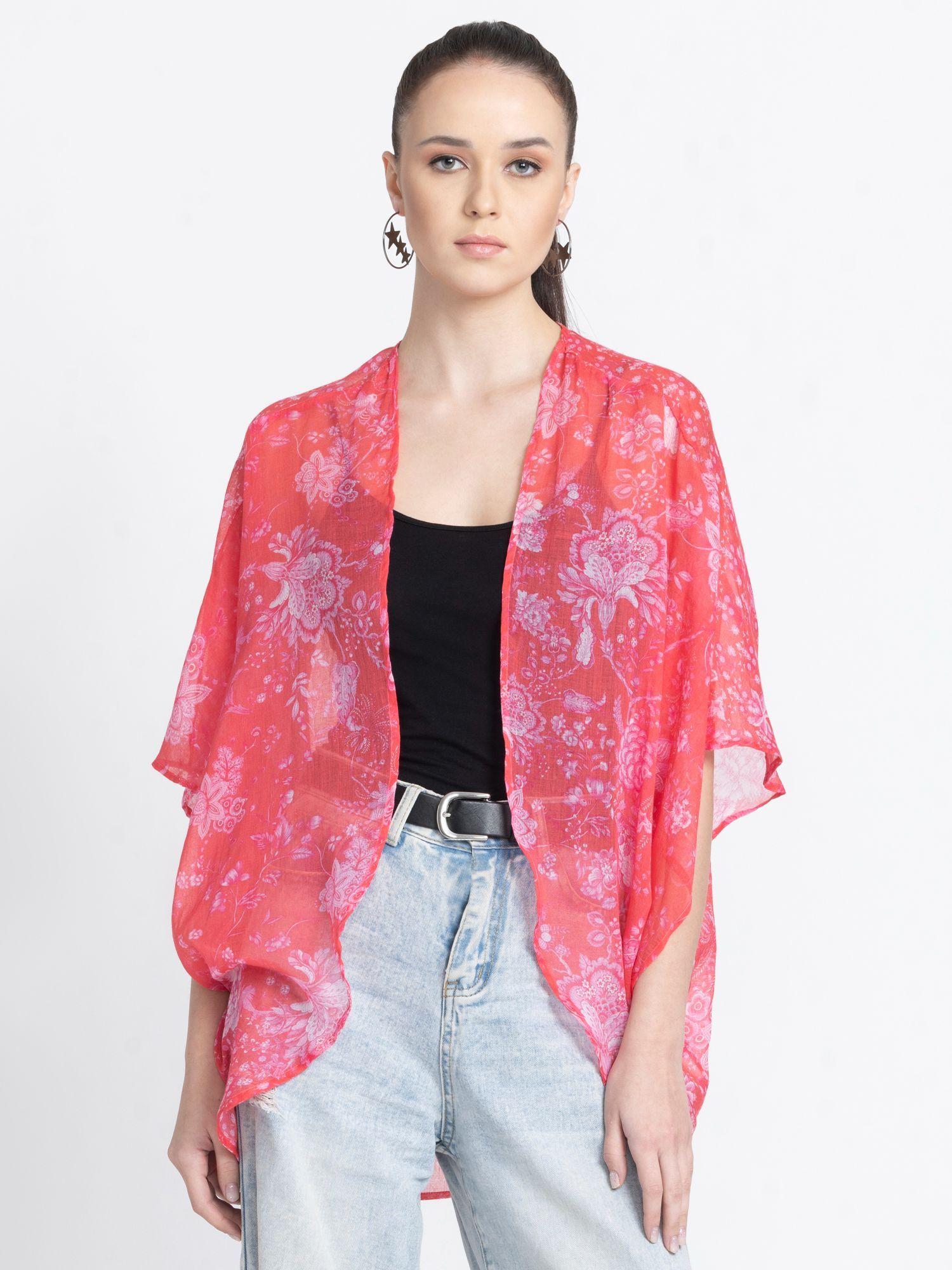 pink printed three-fourth sleeves casual shrug for women