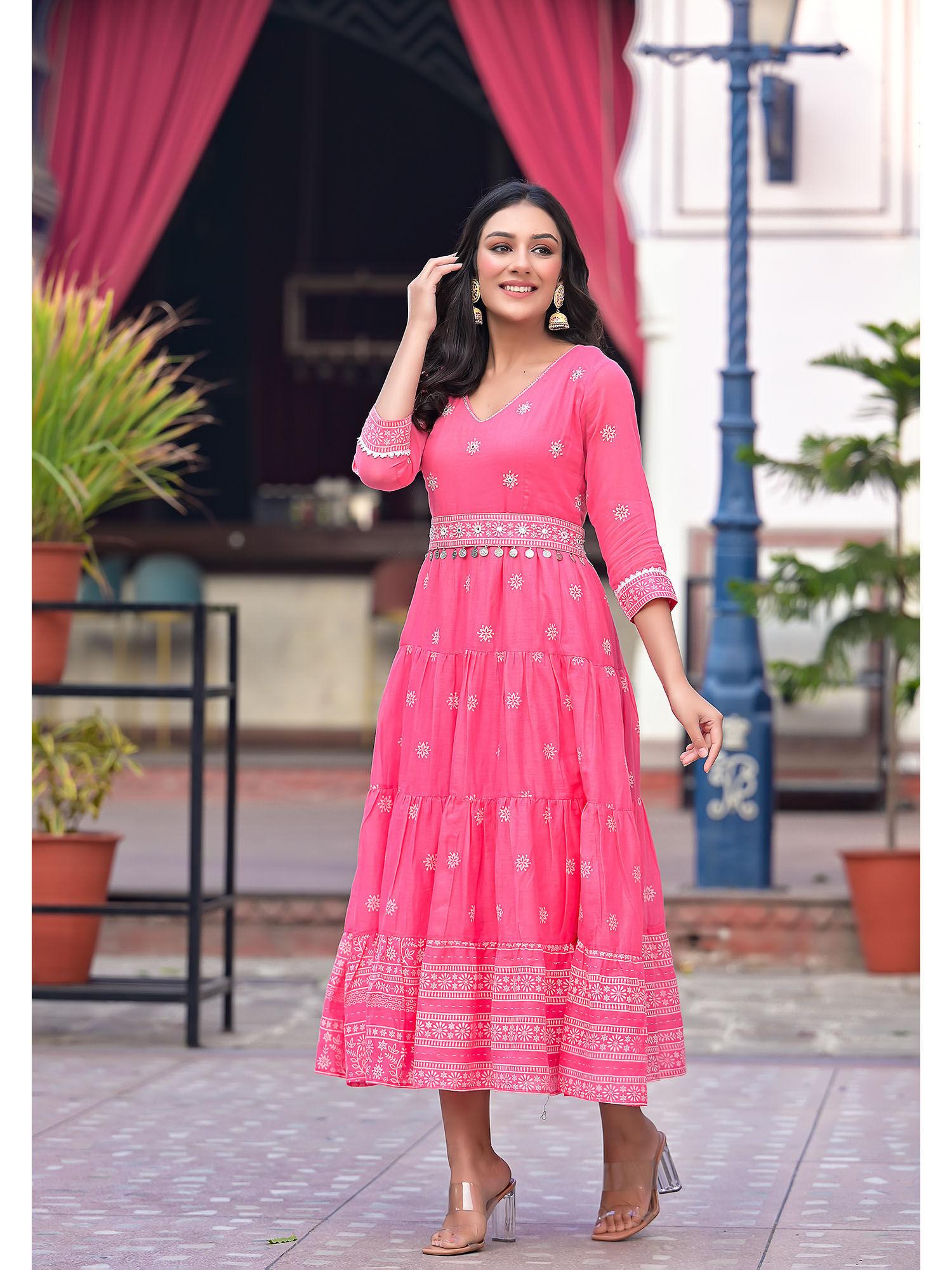 pink printed tiered anarkali dress with hand work belt (set of 2)