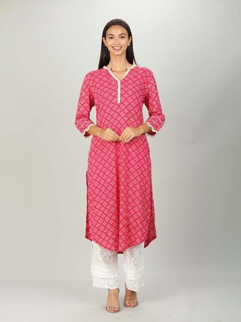 pink printed v neck  kurti