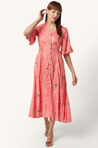 pink printed v neck casual calf-length half sleeves women regular fit dress