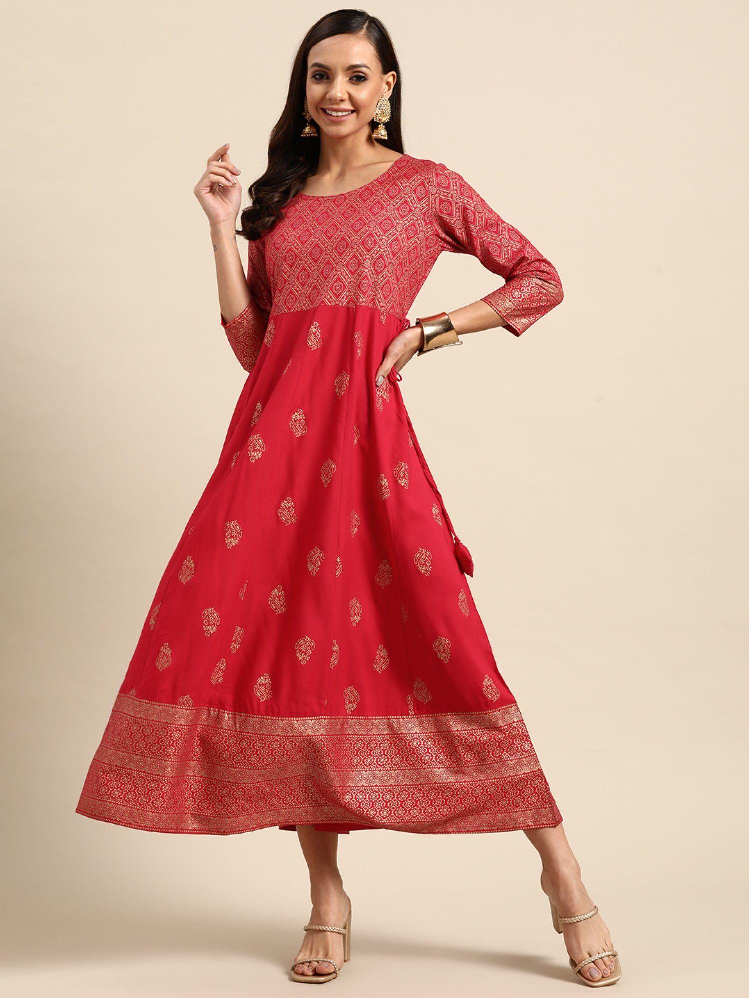 pink printed viscose rayon fit and flare dress