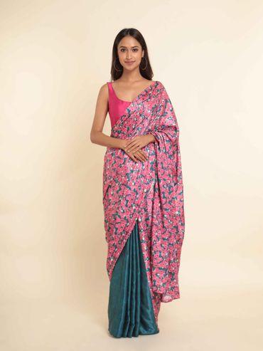 pink printed viscose rayon saree