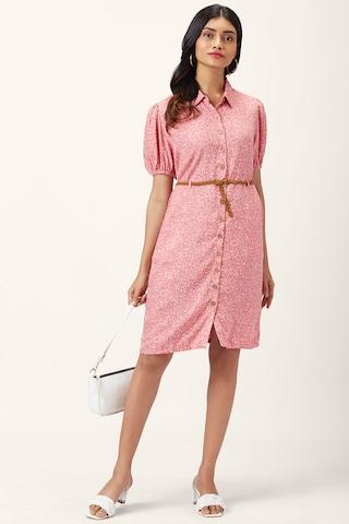 pink printeded regular collar casual knee length half sleeves women regular fit dress