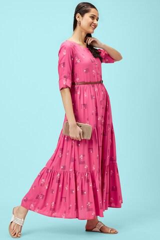 pink printeded round neck casual full length 3/4th sleeves women regular fit dress