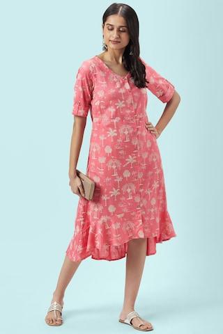 pink printeded v neck casual knee length elbow sleeves women regular fit dress