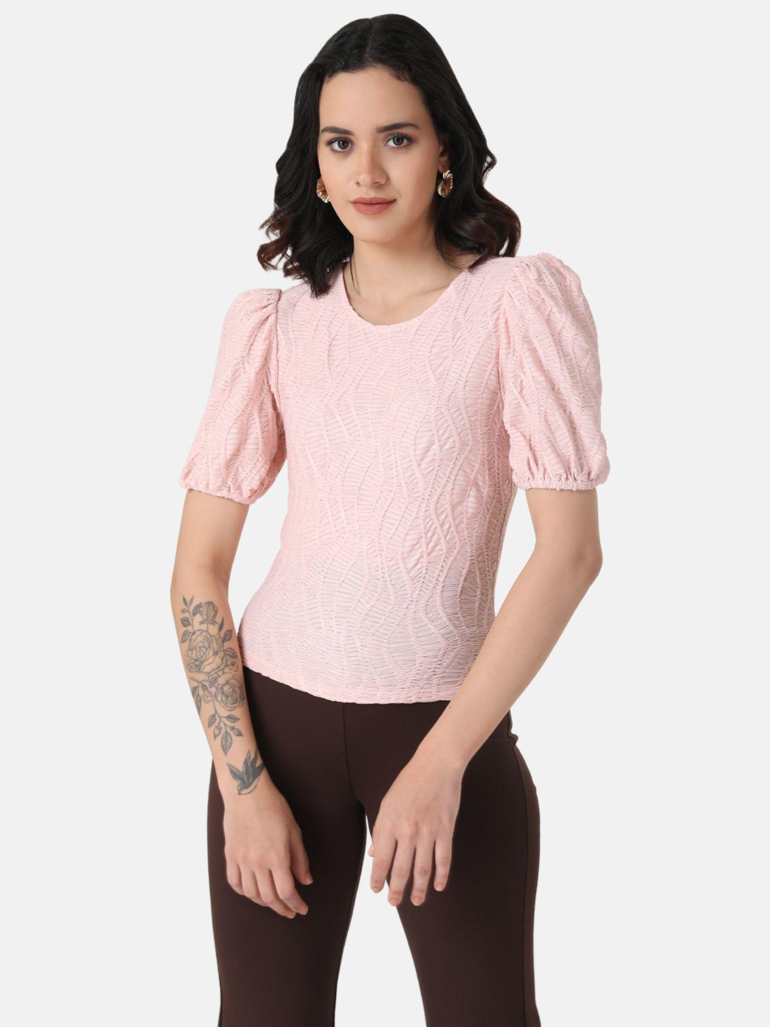 pink puff sleeves textured top