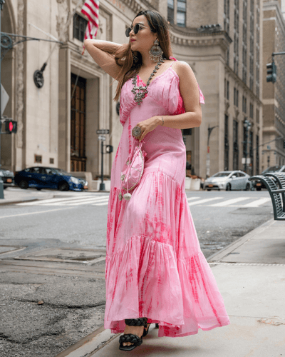 pink puffer tie & dye silk dress