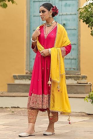 pink pure banarasi spun silk resham embroidered kalidar kurta set