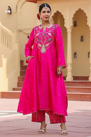 pink pure banarasi spun silk resham embroidered kurta set