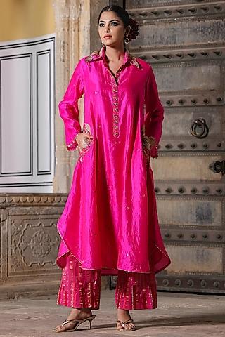 pink pure banarasi spun silk resham embroidered kurta set